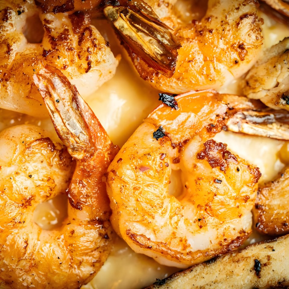 Close-up of grilled shrimp with seasoning, served over a creamy sauce at El Paso Mexican Grill.